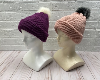 Pink beanie with pom pom, winter hat, slouchy beanie, handmade knitted, faux fur pom beanie, warm hat, handmade beanie