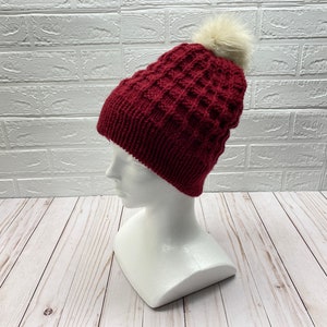 Red beanie, knitted hat, waffle pattern, handmade knit beanie, winter hat, pom pom, slouchy hat