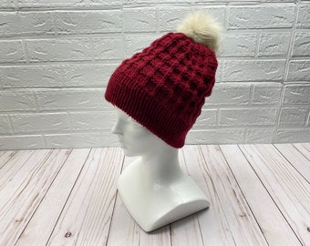 Red beanie, knitted hat, waffle pattern, handmade knit beanie, winter hat, pom pom, slouchy hat