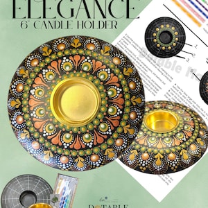 May include: A pair of decorative candle holders with a black base and intricate dot mandala designs in orange, green, and white. The text "Earthbound Elegance" and "6" CANDLE HOLDER" is visible. The candle holders have a gold-colored interior.