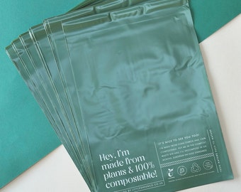 May include: A stack of green compostable mailing bags with the text "Hey, I'm made from plants & 100% compostable!" and "It's nice to see you too! I'm made from corn starch and 100% compostable. Put me in the compost waste bin and I'll decompose in six months. European EN13432 standards."