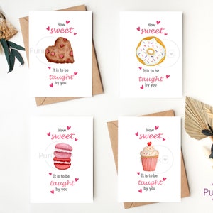 Cartões de professor para namorados solteiros; cartões em aquarela; que bom ser ensinado por você; cupcake, donut, macaroons, biscoito de coração