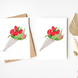 Rode en Roze Tulip Boquet aquarel print kaarten; liefde; Gefeliciteerd; Xo; verjaardag; Valentijnsdag