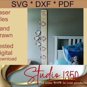 May include: A wooden growth chart with photo frames, measuring up to 5 feet. The chart has the text "Watch Me Grow" and is decorated with arrow-shaped frames. The image also includes the text "SVG * DXF * PDF" and "Laser Files, Hand Drawn, Tested, Digital Download."