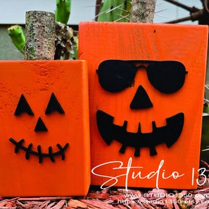 Laser Cut Jack-O&#39;-Lantern Face with Stem Set – 7 Unique Designs for DIY Wood Pumpkins | Halloween Craft Kit for 2x4 & 2x6 Blocks