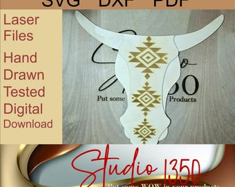 South Western Cow Skull Aztec Design Laser Cut SVG DXF PDF File Longhorn Cattle