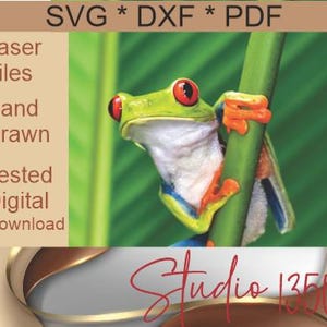 May include: A green and red frog with blue stripes sits on a green branch. The frog has large, bulging eyes. The image is labeled "SVG * DXF * PDF" and "Laser Files Hand Drawn Tested Digital Download". The text "Studio 1350" is visible in the bottom right corner.