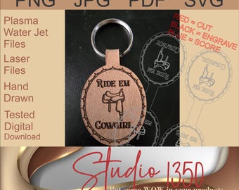 Ride 'Em Cowboy Cowgirl Keychain Laser File | Western Saddle Leatherette SVG DxF PDF