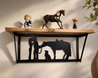 Western Metal Shelf | Cowboy Horse Silhouette, Cedar Wood | Rustic Farmhouse Ranch Decor