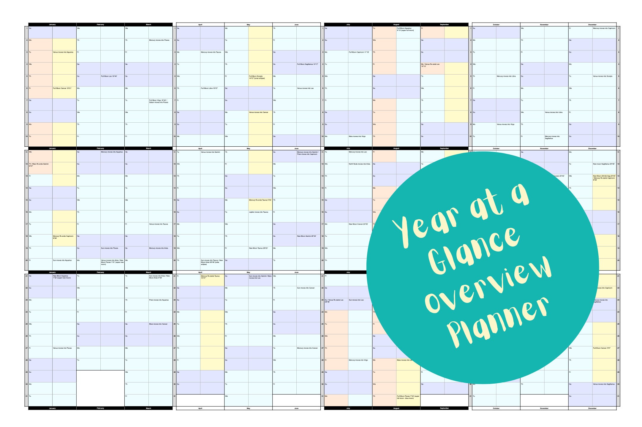 20232024 Year at a Glance Astro & Moon Calendar, Minimalist Planner
