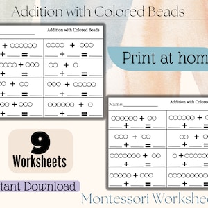 Montessori Arbeitsblatt: Zusatz mit farbigen Perlen - Montessori Materialien zum Ausdrucken - Digitaler Download