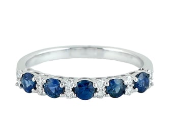 Blue Sapphire & Diamond Band Ring in 18K White Gold