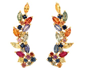 Barnaby's 18K Gold Multi Sapphire Earrings, Marquise Ear Climber Design, Perfect Birthday Gift