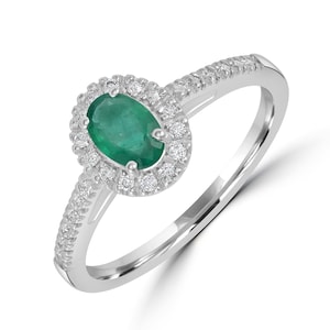 Oval Emerald Halo Ring: 18K White Gold, Diamond Stackable Band