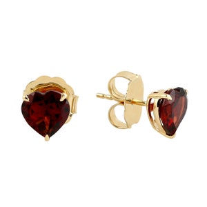 18K Gold Heart Garnet Earrings - Studs for Everyday Elegance - Unique Anniversary Gift By Barnaby