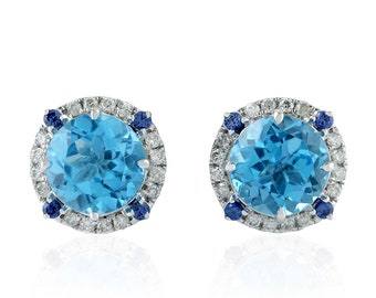18K White Gold With Natural Diamond & Blue Topaz And Sapphire Stud Earrings Jewelry By Barnaby