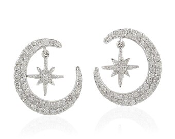 Pave Diamond Crescent Moon and Star Earrings, Luxurious 14K White Gold Dangles for Special Occasions, Unique Gift for Women