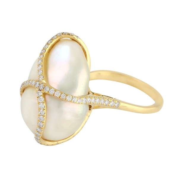 Unshaped Pearl Chiness & Diamond Cocktail Ring - Pave in 18k Yellow Gold, Perfect Engagement Gift By Barnaby