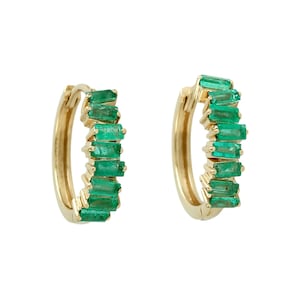 18K Yellow Gold Emerald Hoop Earrings: Baguette Cut Gemstone Jewelry