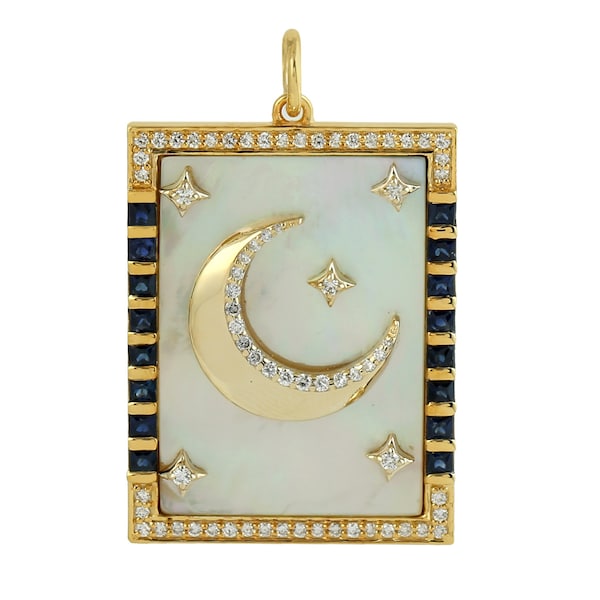 14K Gold Crescent Moon Star Pendant, Diamond & Mother of Pearl, Blue Sapphire Tarot Card for Mother's Day By Barnaby