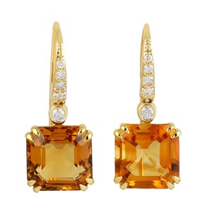 14K Yellow Gold Citrine Gemstone & Diamond Dangle Earrings – November Birthstone Women’s Jewelry