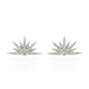 Diamond Starburst Stud Earrings in 18k White Gold – Pavé Half Sparkle Earrings – Romantic Valentine&#39;s Jewelry Gift for Her