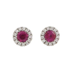 Ruby Diamond Stud Earrings in 18K White Gold – Pavé Gemstone Studs – Elegant Everyday Jewelry Gift for Her