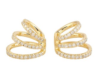 14K Yellow Gold With Pave Diamond Three Layer Ear Cuff Earrings