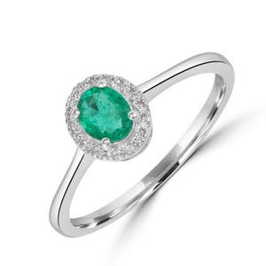 Oval Emerald Halo Ring: 18K White Gold Diamond Stackable Band