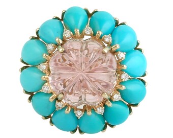 Carved Pink Tourmaline & Turquoise Prong Diamond Ring In 14k Yellow Gold