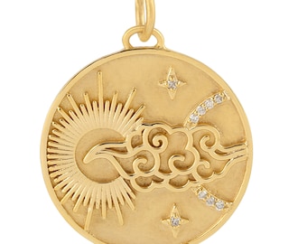 14K Gold Sun Moon & Cloud Diamond Pendant
