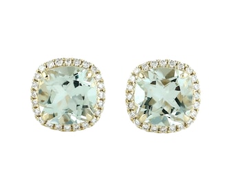 14K Gold Green Amethyst & Diamond Halo Stud Earrings