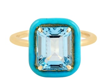 14K Gold Blue Topaz Turquoise Enamel Ring