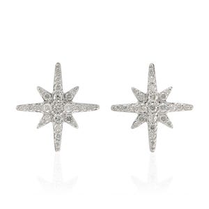14K White Gold Pave Diamond Starburst Earrings – Handmade Celestial Fine Jewelry Gift