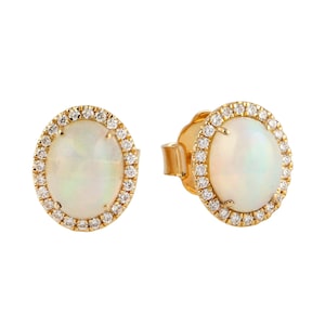 Oval Ethiopian Opal & Diamond Stud Earrings in 18K Yellow Gold, Fine Jewelry for Women, Elegant Gemstone Earrings Gift