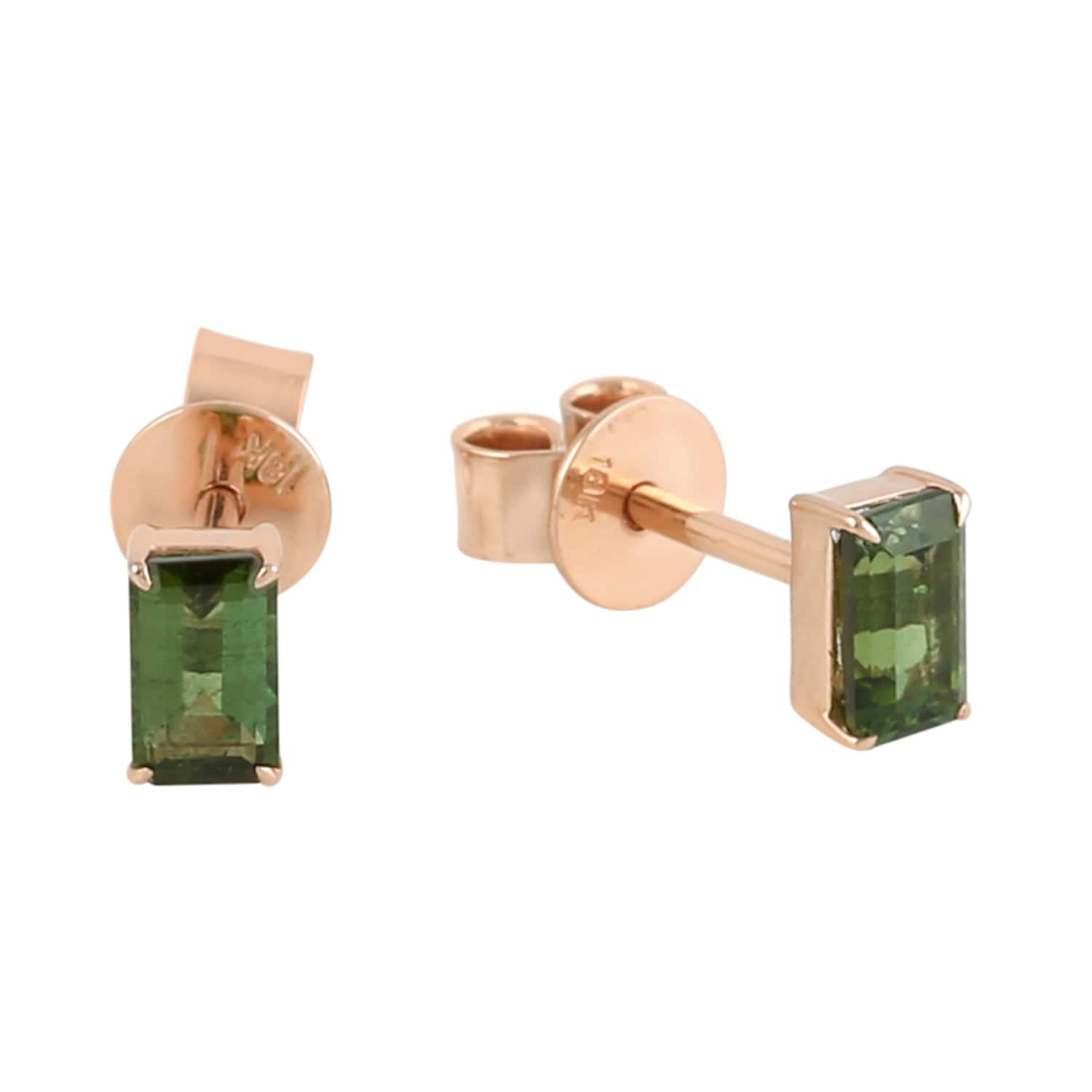 18K Rose Gold In Baguette Green Tourmaline Gemstone Minimal Stud Earrings Jewelry By Barnaby