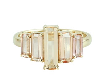 14K Gold Baguette Peach Topaz Five Stone Ring
