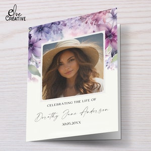 Purple Floral Funeral Program Template: Celebration of Life (Canva Editable, A4/5x7)