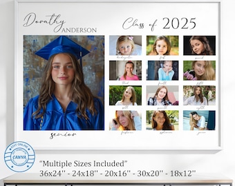 Pôster de colagem de fotos de formatura, modelo editável do Canva, mural de memórias dos anos escolares, turma de 2025 - Download digital