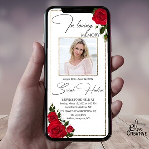 May include: A white and gold digital memorial card with a photo of a woman. The card has red roses and the text "In loving memory" and "Sarah Hudson". The text also includes the dates "July 5, 1976 - June 22, 2022" and details for a memorial service and reception.
