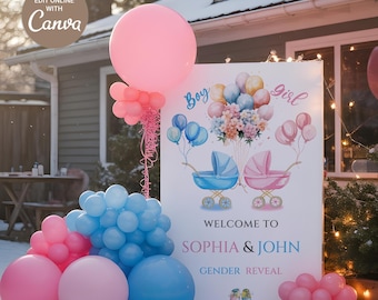 Placa de boas-vindas editável para revelação de gênero, decoração para chá de bebê (modelo em Canva)