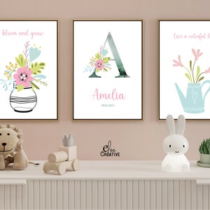 Impressões de nome inicial personalizadas, nova impressão de nascimento de bebê, impressão de berçário, impressão de carta personalizada, arte de parede infantil, monograma de nome para impressão, conjunto de 3
