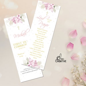 Marque-page première communion, signet de communion fleurs roses, première communion Evite, carte du souvenir communion rose, communion numérique, 01