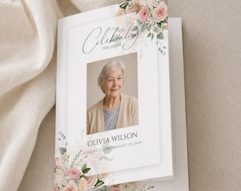 Rose Funeral Program for Women, Obituary Template, Memorial Program, Celebration of Life, Editable Canva (Digital Download)