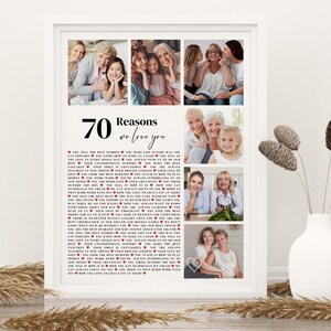 May include: A white framed print with a collage of photos of a family. The print features a list of 70 reasons to love someone, with each reason written in black text with a red heart symbol next to it.