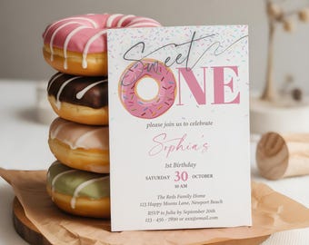 Sweet One Donut Birthday Invitation: Editable Canva Template (Digital Download)