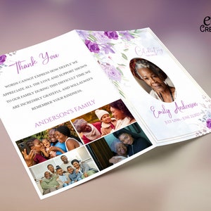 May include: A purple and white floral funeral program with a photo of a woman and a message of thanks from the Anderson family. The program includes the dates July 5, 1946 - June 22, 2021.
