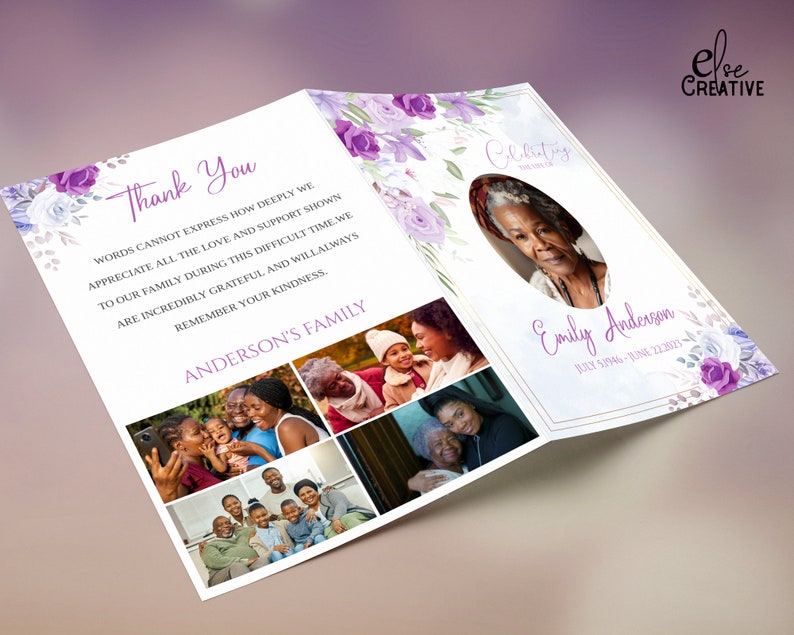 May include: A purple and white floral funeral program with a photo of a woman and a message of thanks from the Anderson family. The program includes the dates July 5, 1946 - June 22, 2021.