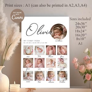 Editable First Year Photo Collage, Baby Milestone Poster, 12 Month Picture Board, Neutral Nursery Decor, Canva Template image 2