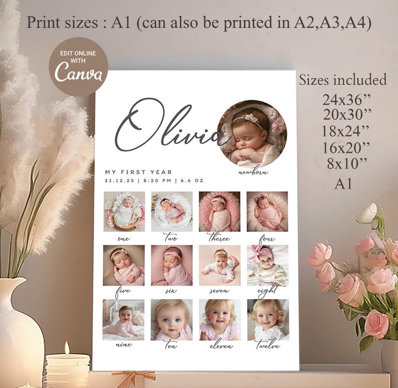 Editable First Year Photo Collage, Baby Milestone Poster, 12 Month Picture Board, Neutral Nursery Decor, Canva Template image 2